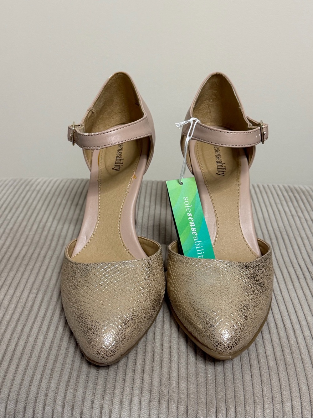 NWT Solesenseability Women's Metallic Blush & Gold Heels with Ankle Strap